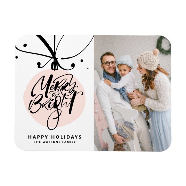 Merry and Bright Pink Ornament Christmas Photo Magnet (Horizontal)