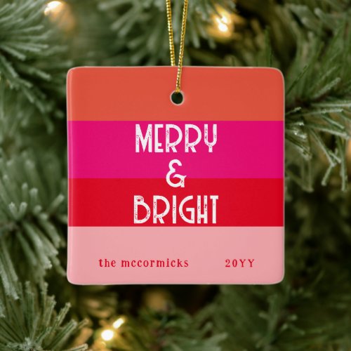 Merry And Bright Pink Retro Family Christmas Ceramic Ornament