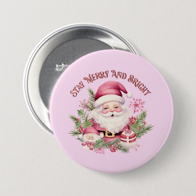 Merry and Bright - Pink Santa Button (Front & Back)