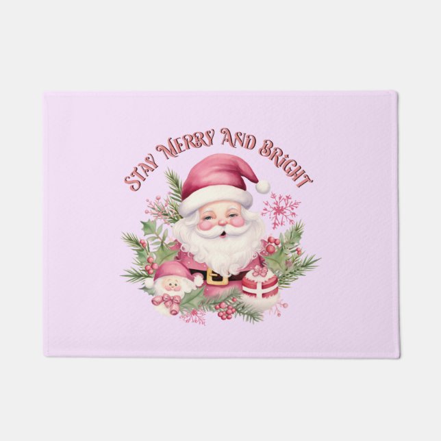 Merry and Bright - Pink Santa Doormat (Front)
