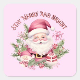 Merry and Bright - Pink Santa Square Sticker