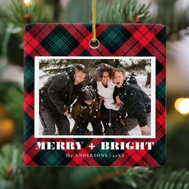 Merry and Bright Plaid Christmas Photo Ceramic Ornament (Creator Uploaded)