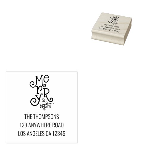 Merry and Bright Playful Text Return Address Rubber Stamp
