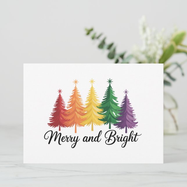 Merry And Bright Rainbow Christmas Tree Gay LGBTQ  Holiday Card (Standing Front)