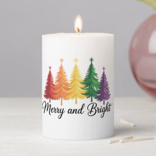 Merry And Bright Rainbow Christmas Tree Gay LGBTQ  Pillar Candle