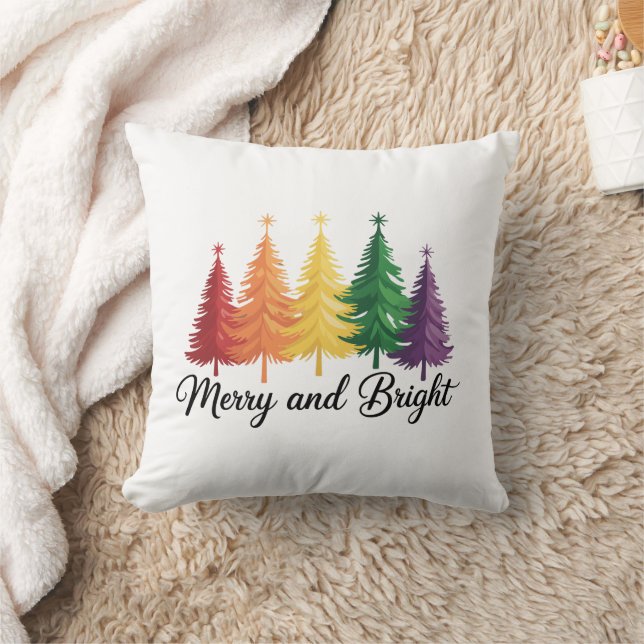 Merry And Bright Rainbow Christmas Tree Gay LGBTQ  Throw Pillow (Blanket)