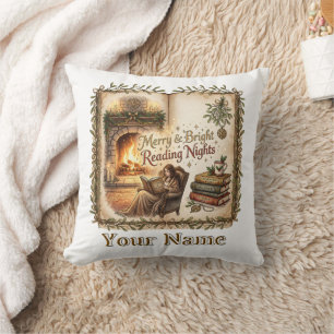 Merry And Bright Reading Nights Fireplace Quote Throw Pillow