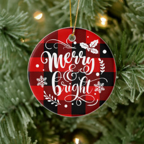 Merry and Bright Red and Black Buffalo Plaid Ceramic Ornament
