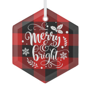 Merry and Bright Red and Black Buffalo Plaid Glass Ornament