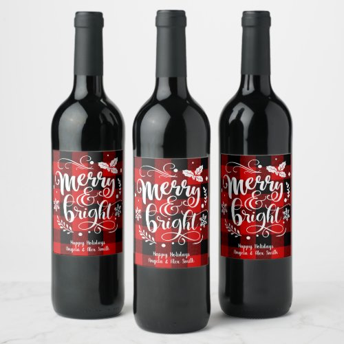Merry and Bright Red and Black Buffalo Plaid Wine Label