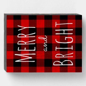 Merry And Bright Red And Black Buffalo Plaid Wooden Box Sign | Zazzle