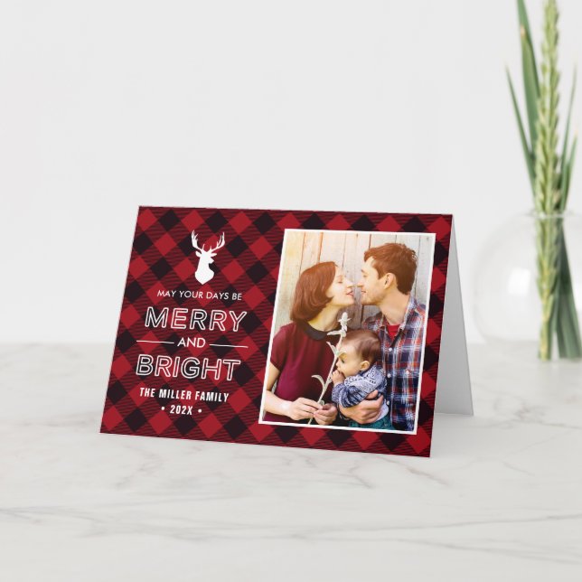 Merry and Bright | Red Buffalo Check Plaid Photo Holiday Card (Front)