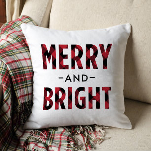 Merry and Bright Red Buffalo Plaid Christmas Throw Pillow