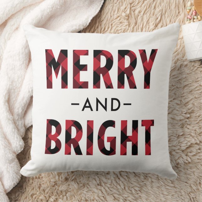 Merry and Bright Red Buffalo Plaid Christmas Throw Pillow (Blanket)