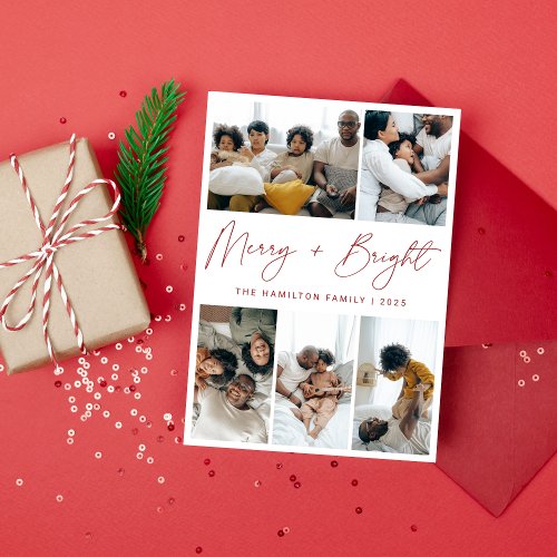 Merry and Bright Red Calligraphy Christmas Photo Holiday Card