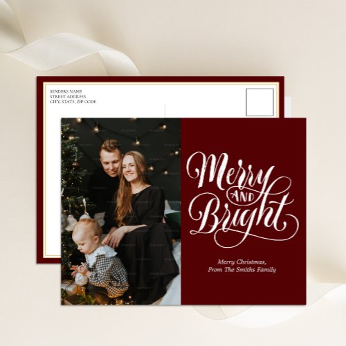 Merry and Bright Red Calligraphy Modern Photo Holiday Postcard