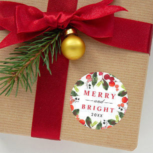 Merry and Bright Red Christmas Berry Wreath Classic Round Sticker