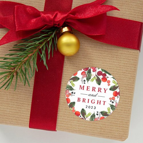 Merry and Bright Red Christmas Greenery Wreath Classic Round Sticker