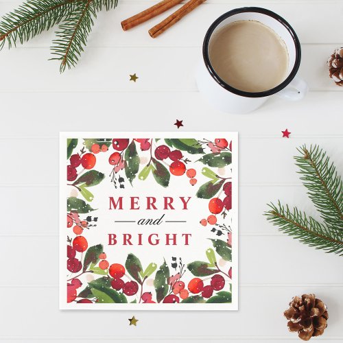 Merry and Bright Red Christmas Greenery Wreath Paper Napkins