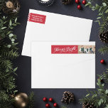 Merry and Bright Red Custom Photo Return Address Wrap Around Label<br><div class="desc">Custom Christmas holiday wrap-around return address labels feature "Merry & Bright" white script design with red and white diagonal candy cane stripes accent and space to personalize with a photo & return address. Cardinal red background color can be customized to coordinate with your holiday mailing. Photography © Storytree Studios, Stanford,...</div>