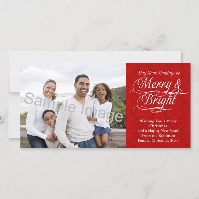 Merry and Bright, Red Damask Holiday Card (Front)