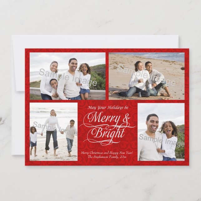 Merry and Bright, Red Damask Holiday Card (Front)