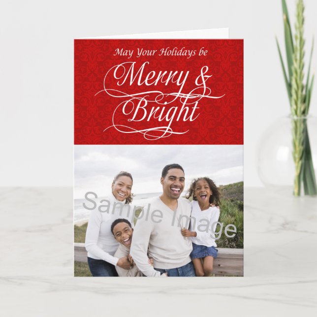 Merry and Bright, Red Damask Holiday Card (Front)