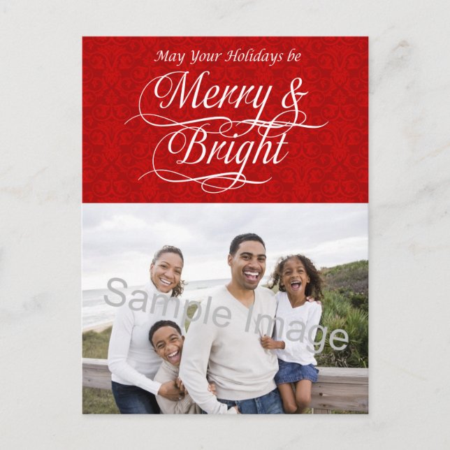 Merry and Bright, Red Damask Holiday Postcard (Front)