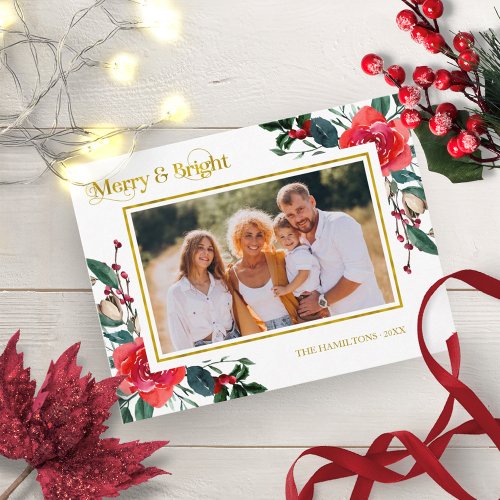 Merry And Bright Red Floral Christmas Photo Postcard