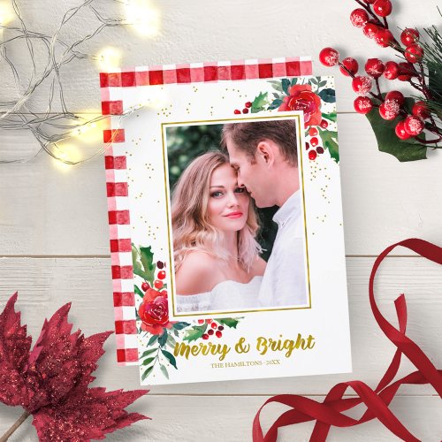 Merry And Bright Red Flowers Christmas Photo Invitation