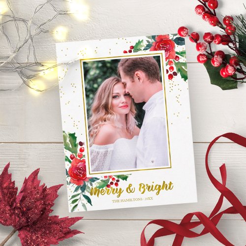 Merry And Bright Red Flowers Christmas Photo Postcard