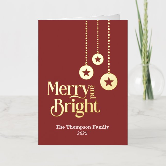 "Merry and Bright" Red Folded Foil Holiday Card (Front)