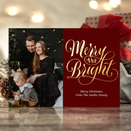 Merry and Bright Red Gold Calligraphy Photo Foil Holiday Card