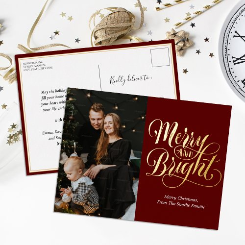 Merry and Bright Red Gold Calligraphy Photo Foil Holiday Postcard