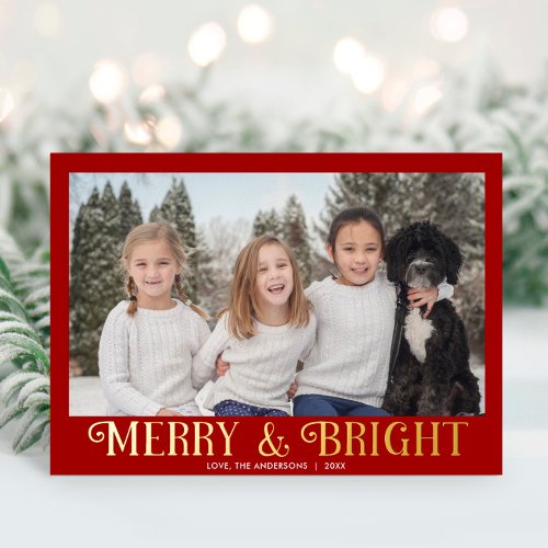 Merry and Bright Red Gold Modern one photo Foil Holiday Card