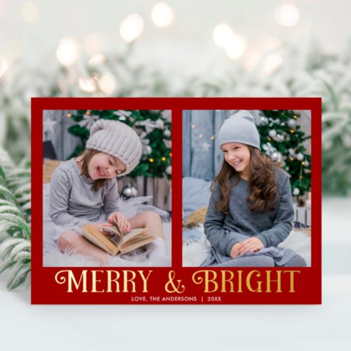 Merry and Bright red gold modern two photos Foil Holiday Card
