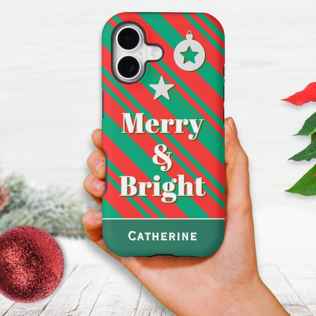 Merry and Bright Red Green Candy Stripe Custom iPhone Case (A personalized phone case with red and green candy stripes and 'Merry and Bright' caption)