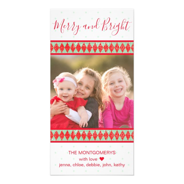 Merry and Bright Red Green Harlequin Christmas Card (Front)