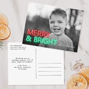 Merry and Bright Red & Green Neon Photo Holiday Postcard