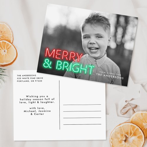 Merry and Bright Red  Green Neon Photo Holiday Postcard