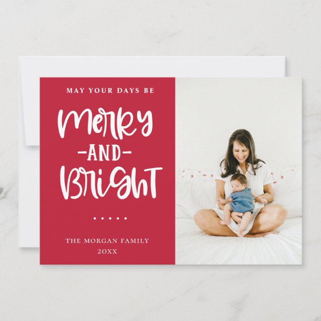 Merry And Bright Red Holiday Greeting Photo Card (Front)