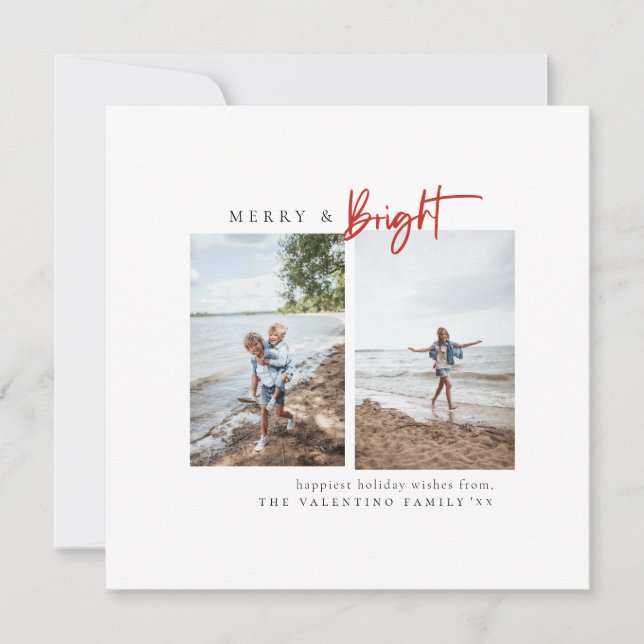Merry and Bright Red Modern Minimalist Photo Holiday Card (Front)