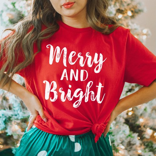 Merry and Bright Red Modern Script Womens Holiday T_Shirt