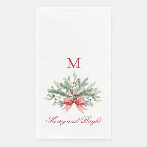Merry and Bright Red Monogram Greenery Paper Guest Towels