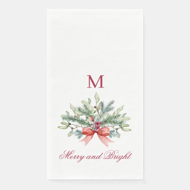 Merry and Bright Red Monogram Greenery Paper Guest Towels (Front)