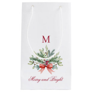 Merry and Bright Red Monogram Holiday Greenery Small Gift Bag