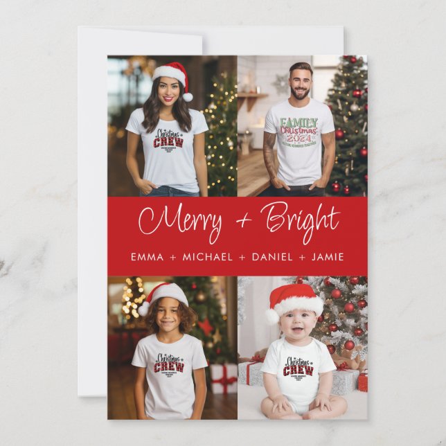 Merry and Bright Red Panel 4 Photo Family Holiday Card (Front)