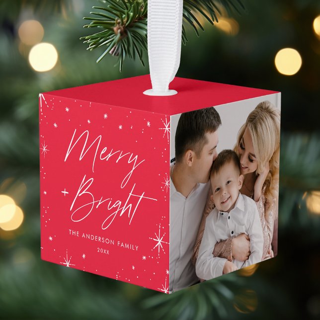 Merry and Bright Red Photo Cube Ornament (Creator Uploaded)