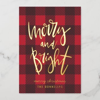 Merry And Bright Red Plaid Foil Script Christmas  Foil Holiday Card by Stacy_Cooke_Art at Zazzle