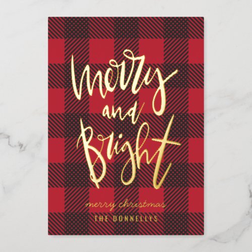 merry and bright red plaid foil script christmas  foil holiday card